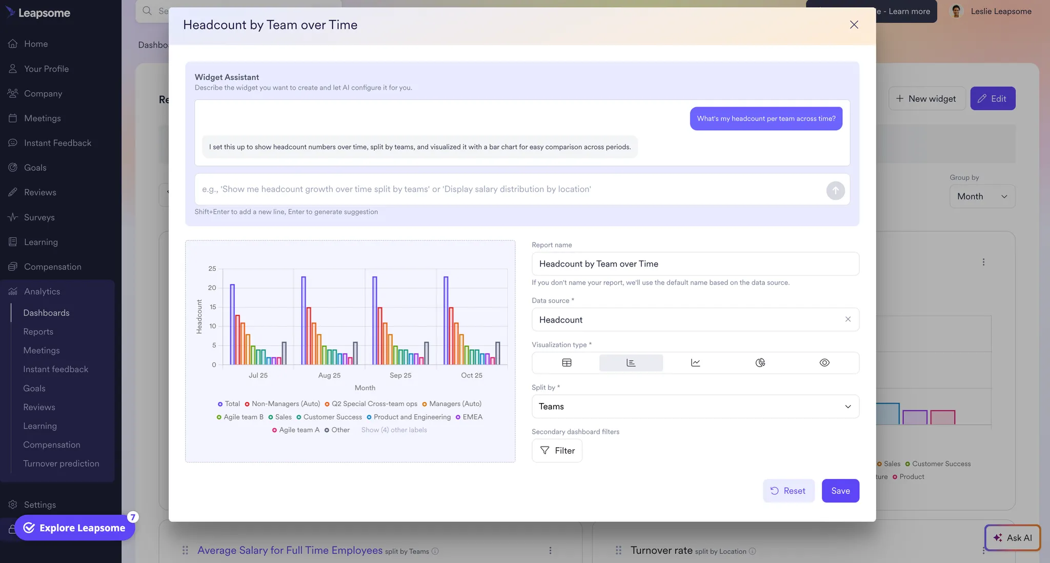 Screenshot of Leapsome’s Analytics dashboard showing a “Headcount by Team over Time” widget with an AI-generated bar chart displaying team headcounts across months.