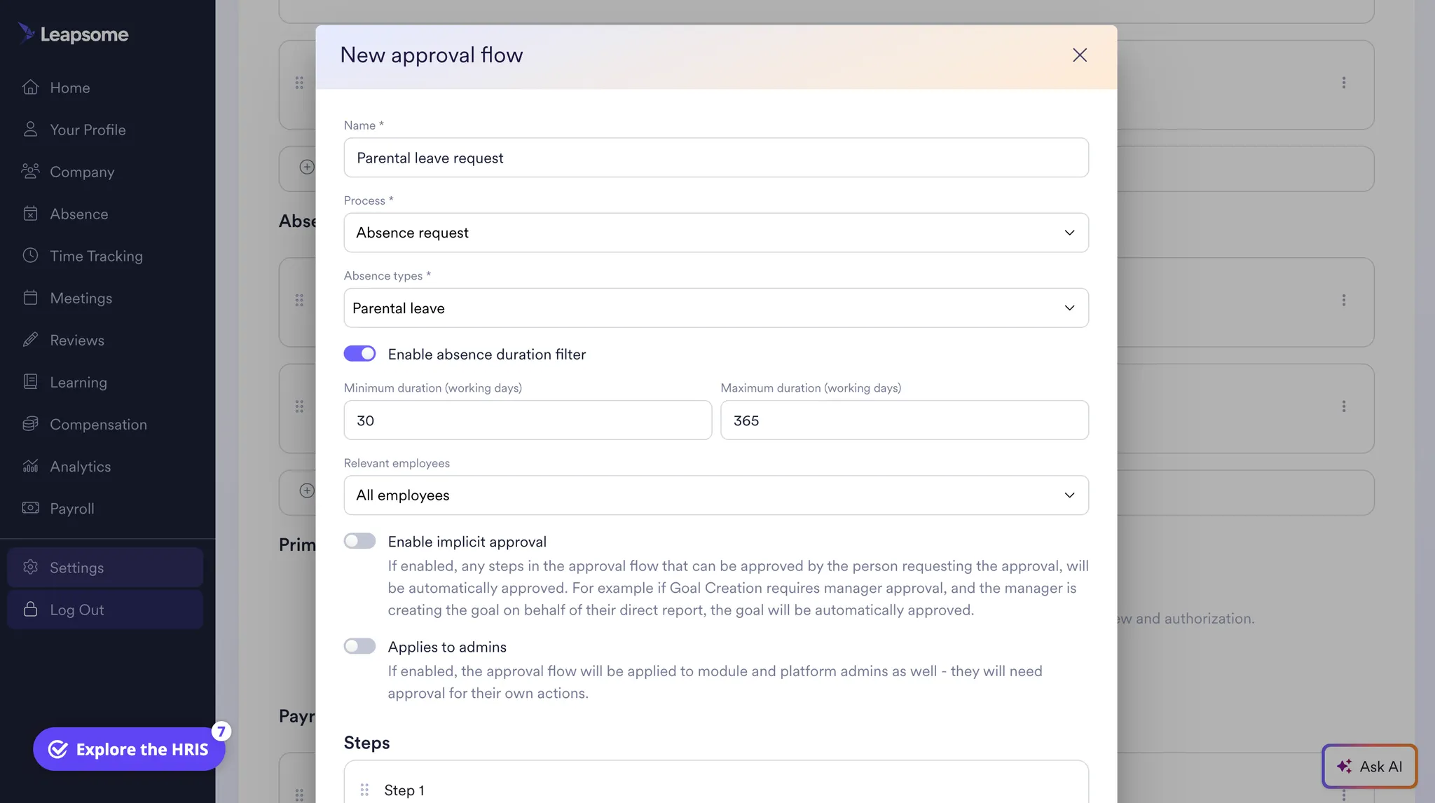 Screenshot of Leapsome’s settings showing a new approval flow setup for a parental leave request, with fields for absence type, duration limits, relevant employees, and approval options.