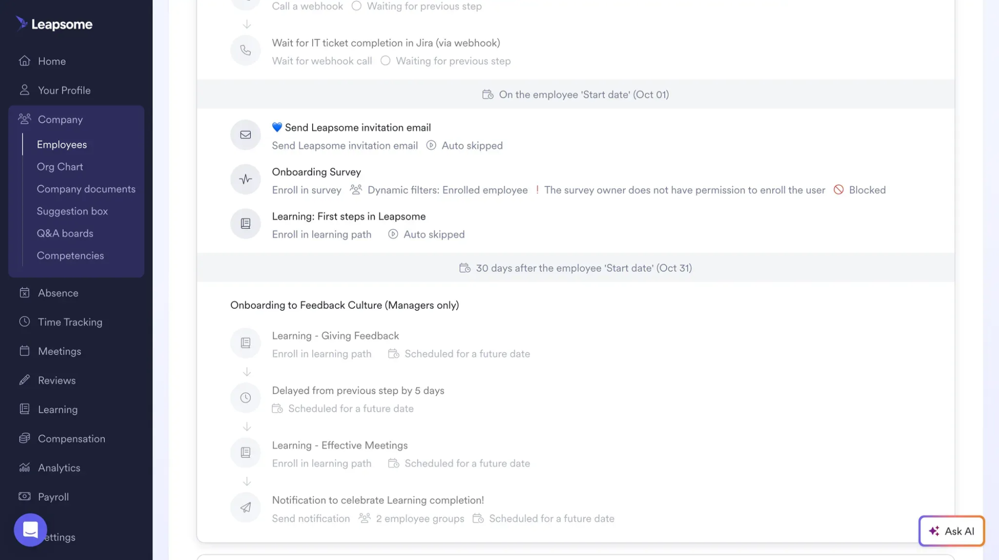 Screenshot of Leapsome’s onboarding workflow showing automated steps like sending an invitation email, enrolling employees in surveys and learning paths, and scheduling follow-up training for managers.