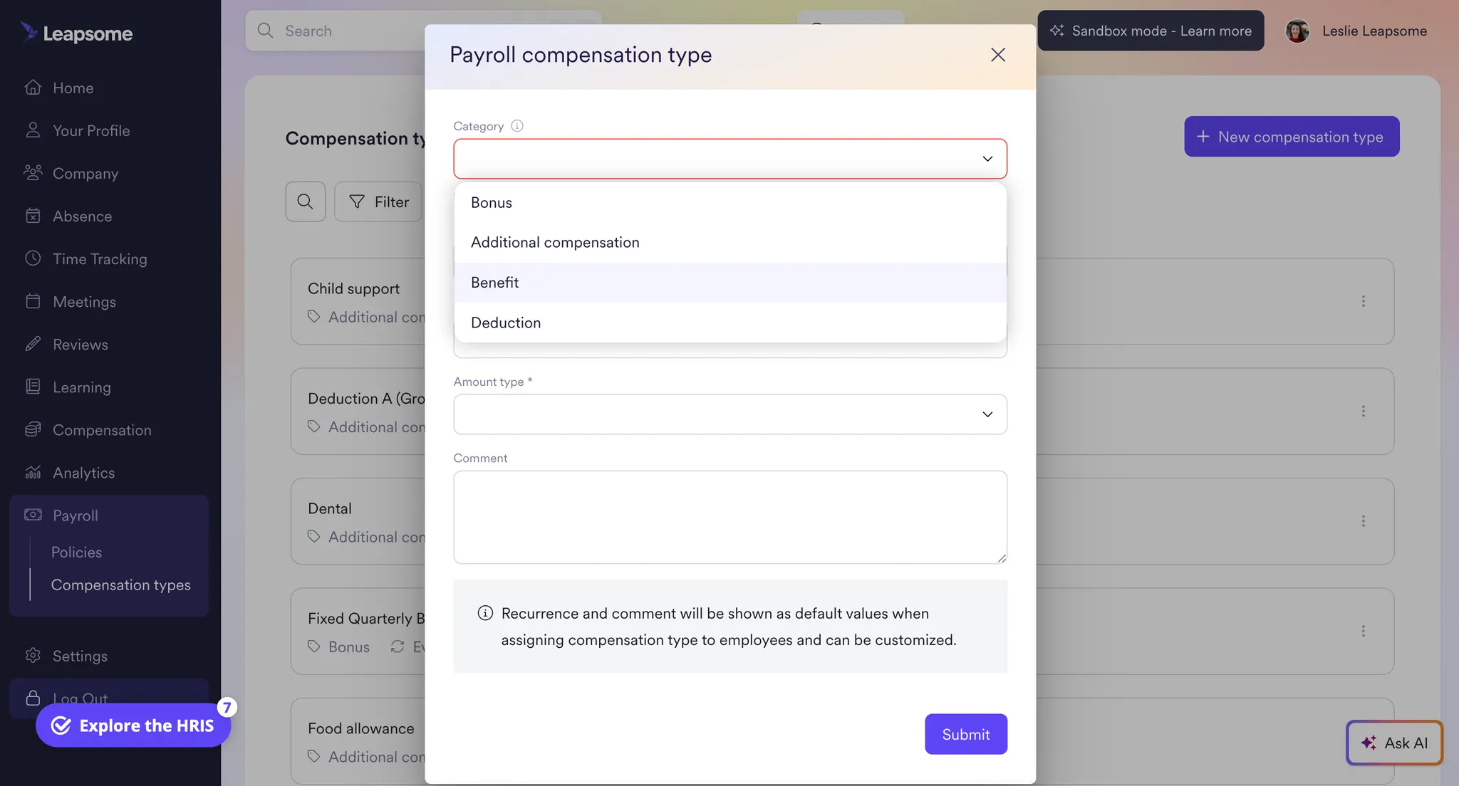 Screenshot of Leapsome’s Payroll settings showing the “Payroll compensation type” window with category options including Bonus, Additional compensation, Benefit, and Deduction.