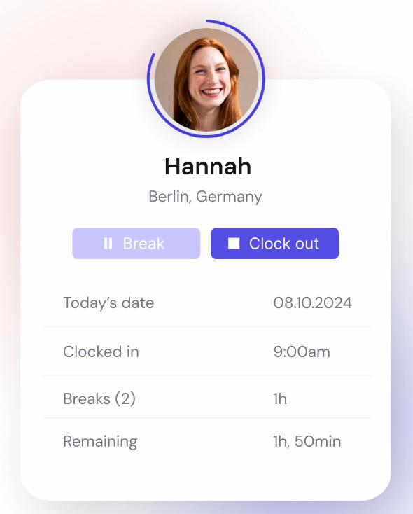 A screenshot of Leapsome's time-tracking tool functionality displaying the date, clock-in time, breaks, and remaining hours.