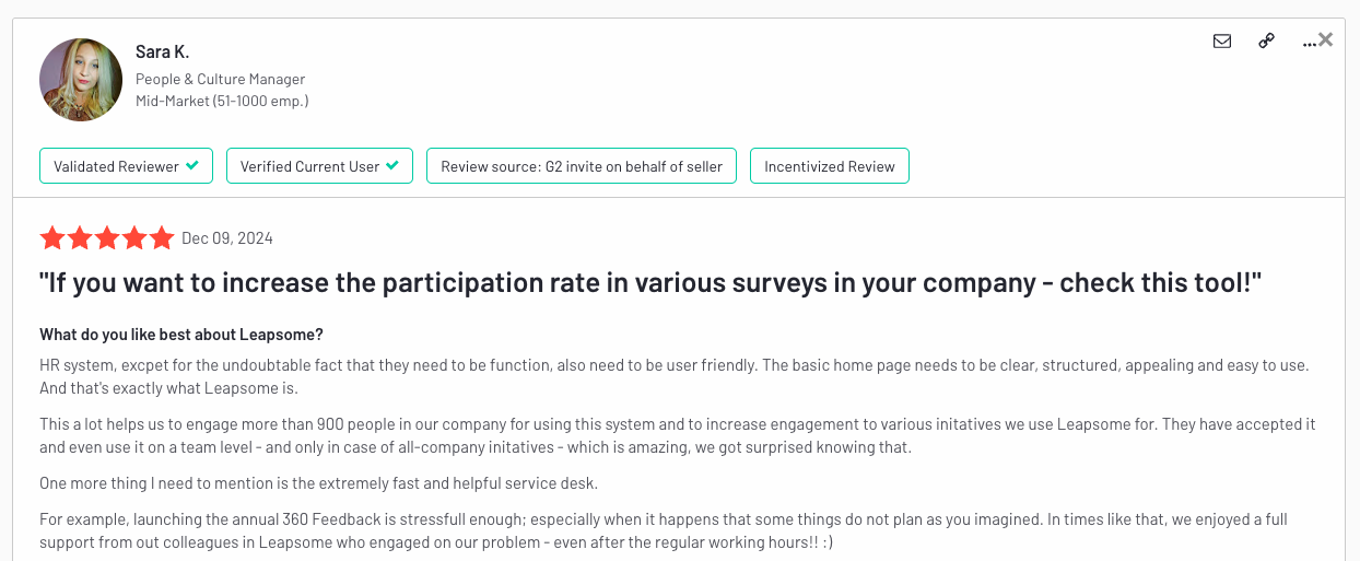 A screenshot of a G2 software review for Leapsome Surveys.