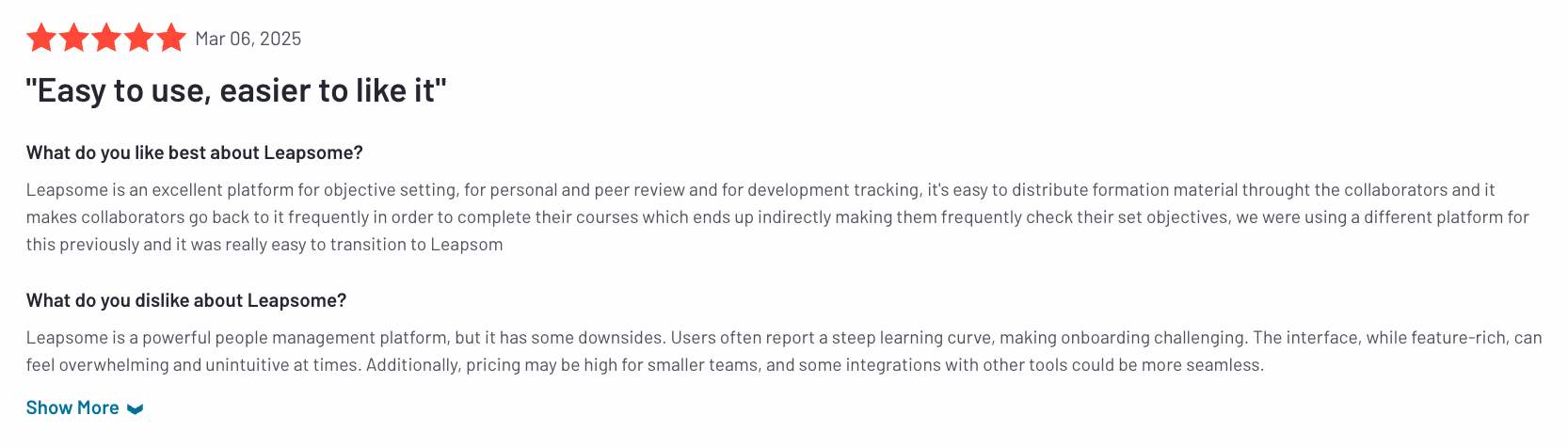 A screenshot of a Leapsome review on G2.