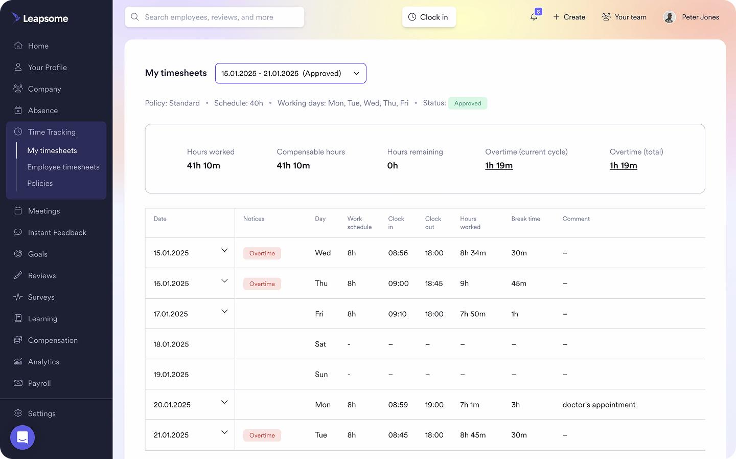 A graphic displaying the Leapsome Time Tracking interface for admins.
