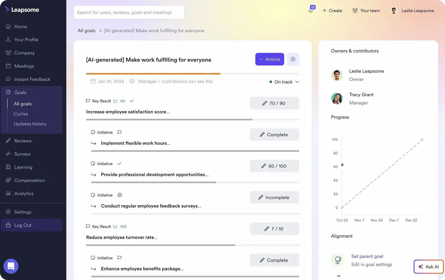 Leapsome Goals dashboard showing AI-generated goal tracker.