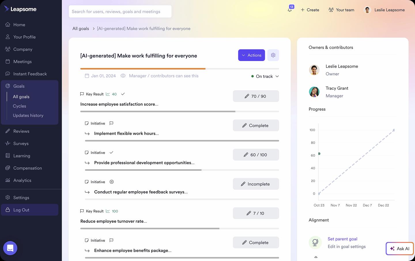 Leapsome Goals dashboard showing AI-generated goal progress.