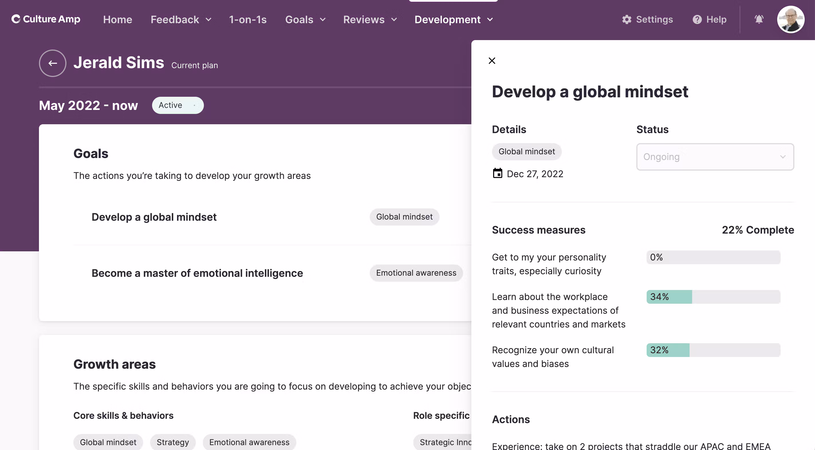 Screenshot of the Culture Amp platform, highlighting a goals report for one employee.