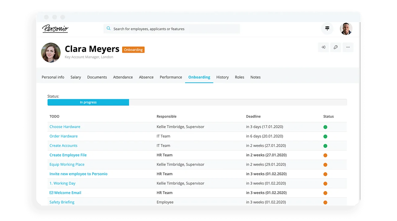 A screenshot of an interface of an employee's onboarding dashboard from within Personio.
