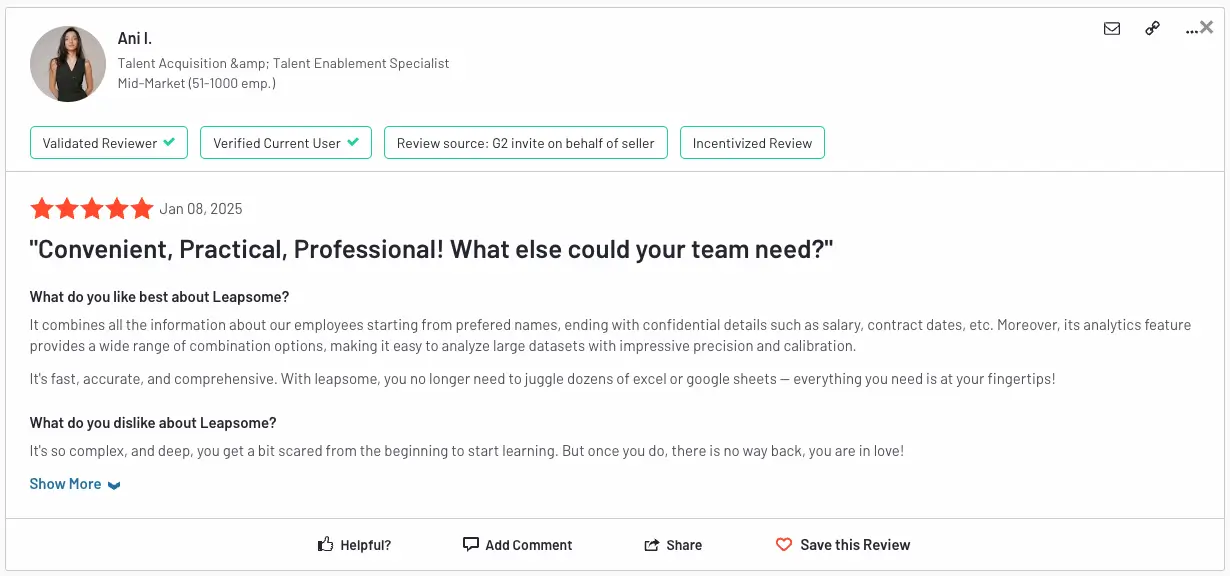 A screenshot of a Leapsome review sourced from G2.