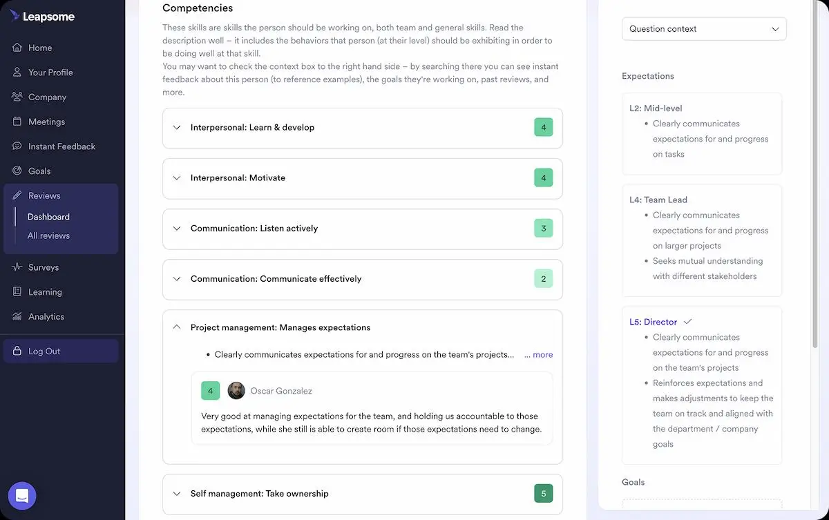 Screenshot of Leapsome's Competency Framework dashboard showing a structured table of role-based competencies.