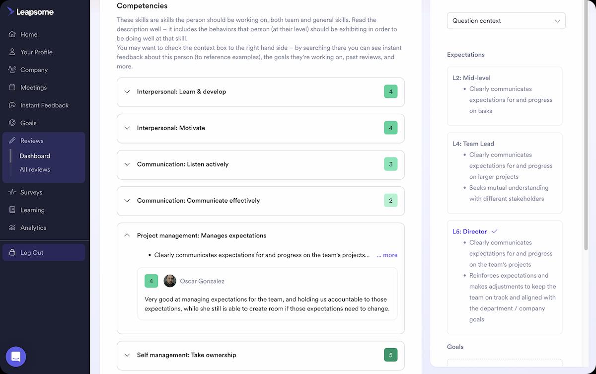 Screenshot of Leapsome's Competency Framework dashboard showing a structured table of role-based competencies.