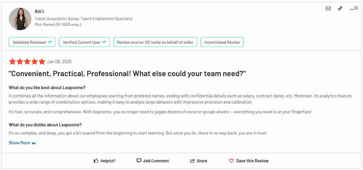 A screenshot of a Leapsome review sourced from G2.