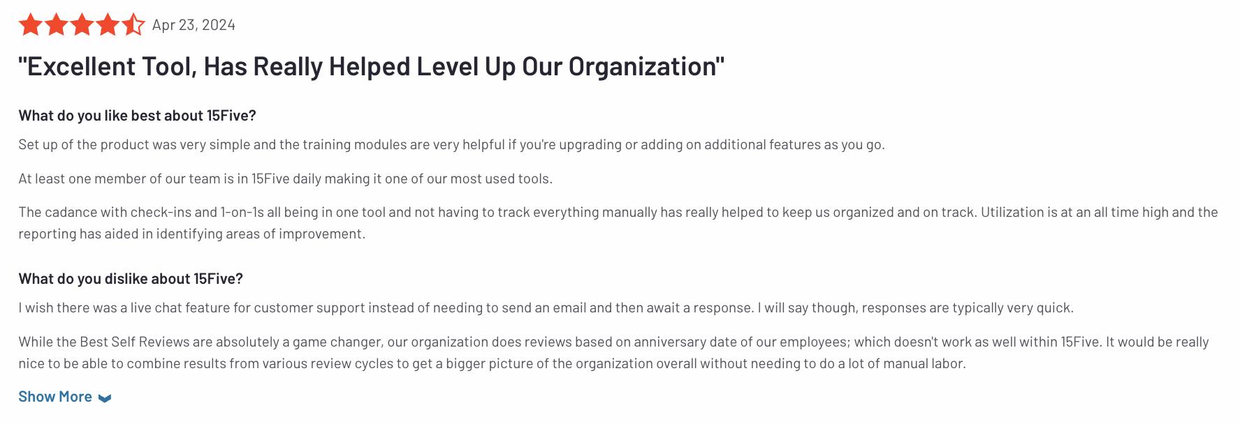 A screenshot of a 15Five review on G2.