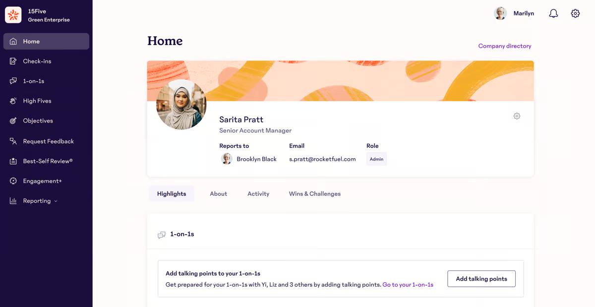 A screenshot of 15Five's dashboard for employees.