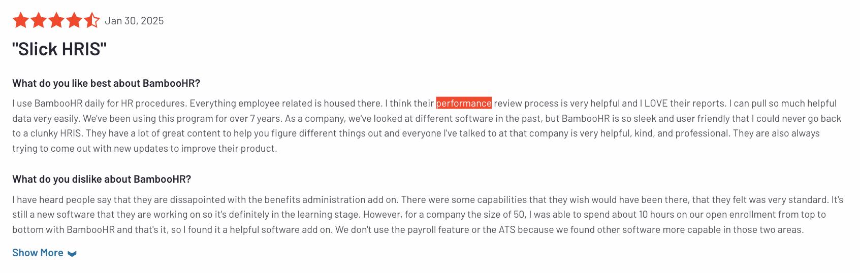 A screenshot of a BambooHR review on G2.