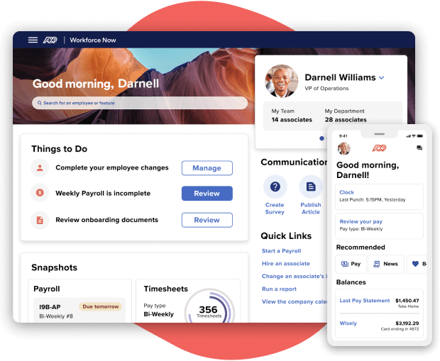 A graphic displaying the user interface of ADP Workforce Now.