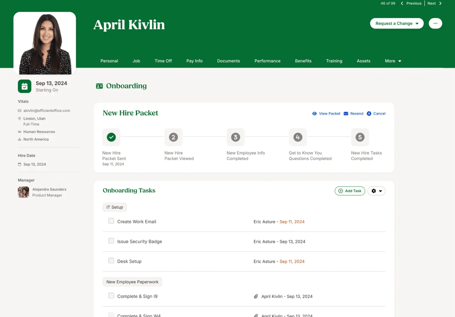 A screenshot of a BambooHR onboarding dashboard displaying new hire progress and tasks.