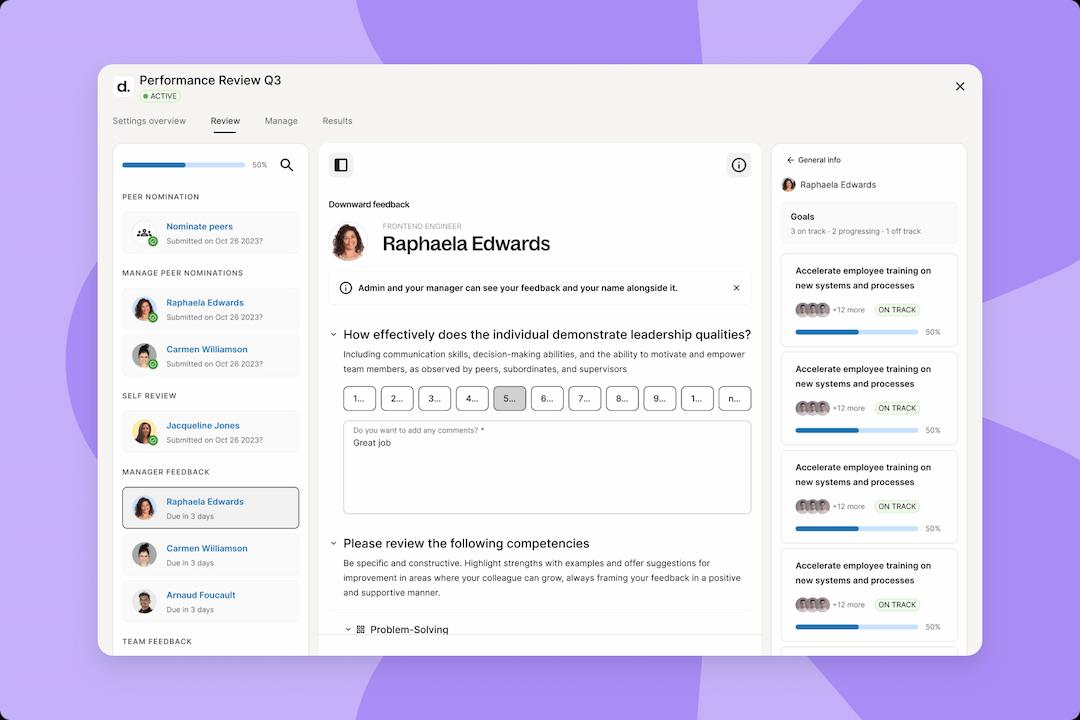 A screenshot of Deel's performance review interface for employees.