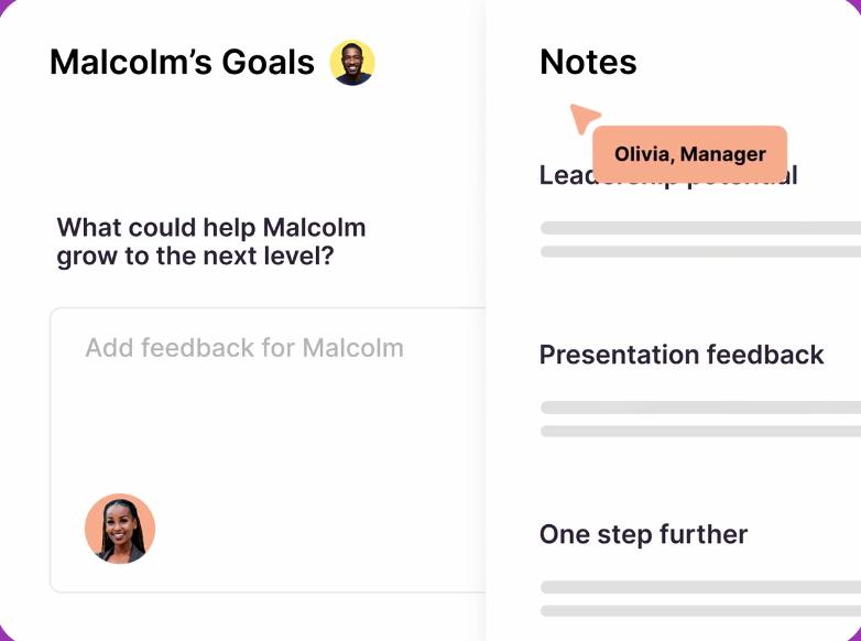 Screenshot of a Culture Amp interface showing manager feedback on employee goals, with notes labeled by reviewer and sections for leadership, presentations, and development.