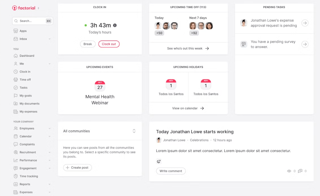 A screenshot of a Factorial dashboard displaying time tracking, pending tasks, and upcoming events.