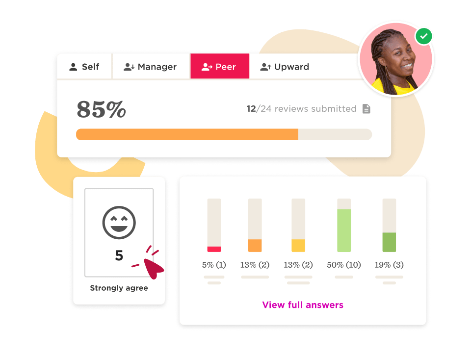 A screenshot of a HiBob interface showing peer review progress with 85% completion, a 5-point rating scale, and visual distribution of feedback scores across categories.