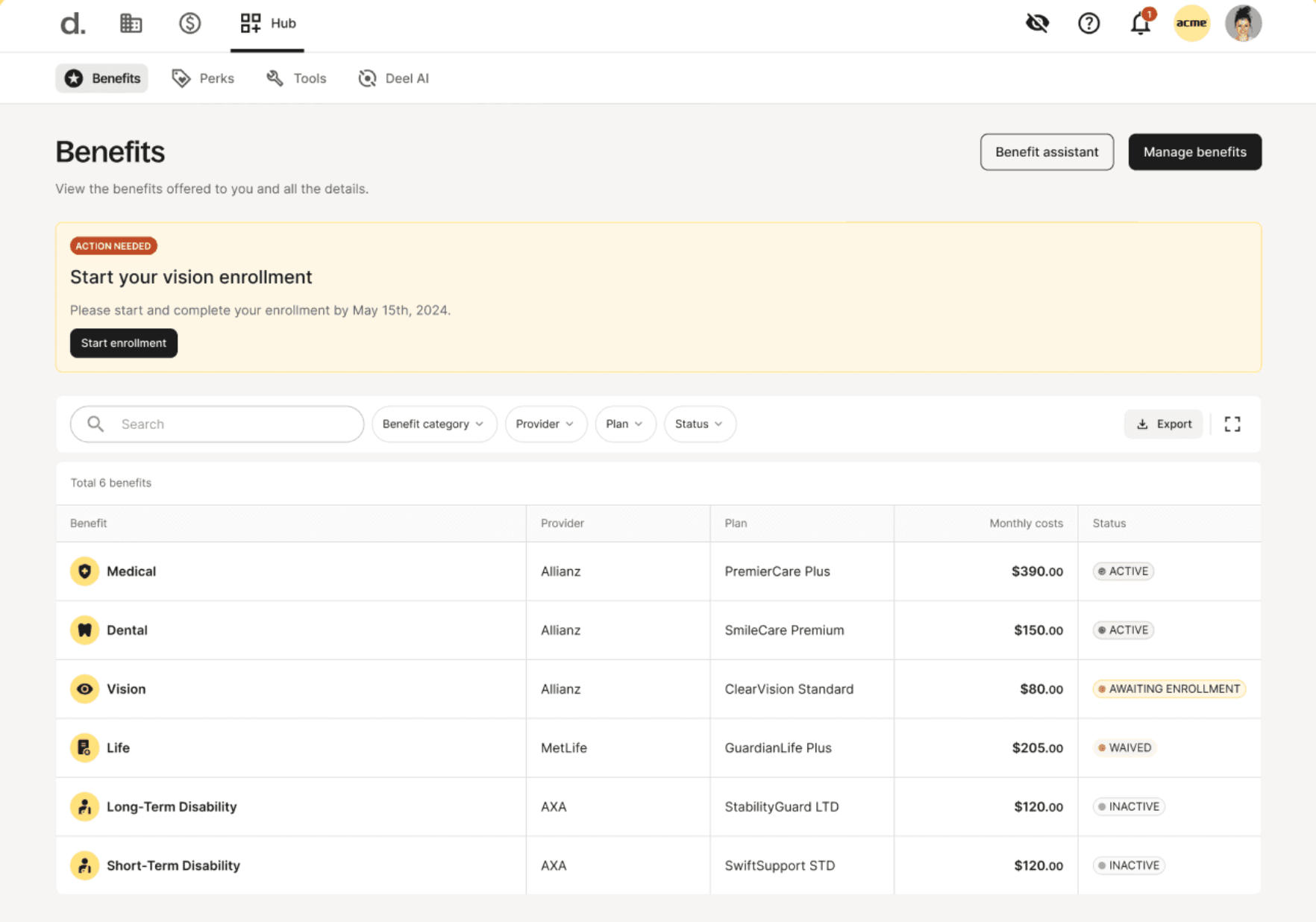 A screenshot of a Deel benefits management dashboard.