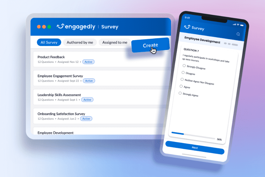 A graphic mockup showing how you can plan Engagedly surveys from one device and have employees answer on their mobile phones.