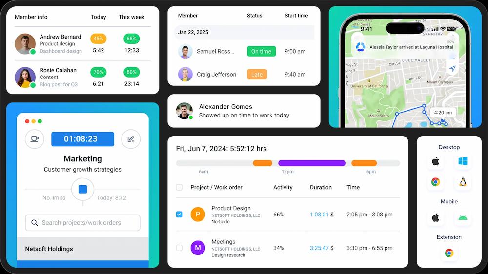 A screenshot of Hubstaff's interface across the mobile and desktop experience showing time-tracking capabilities.