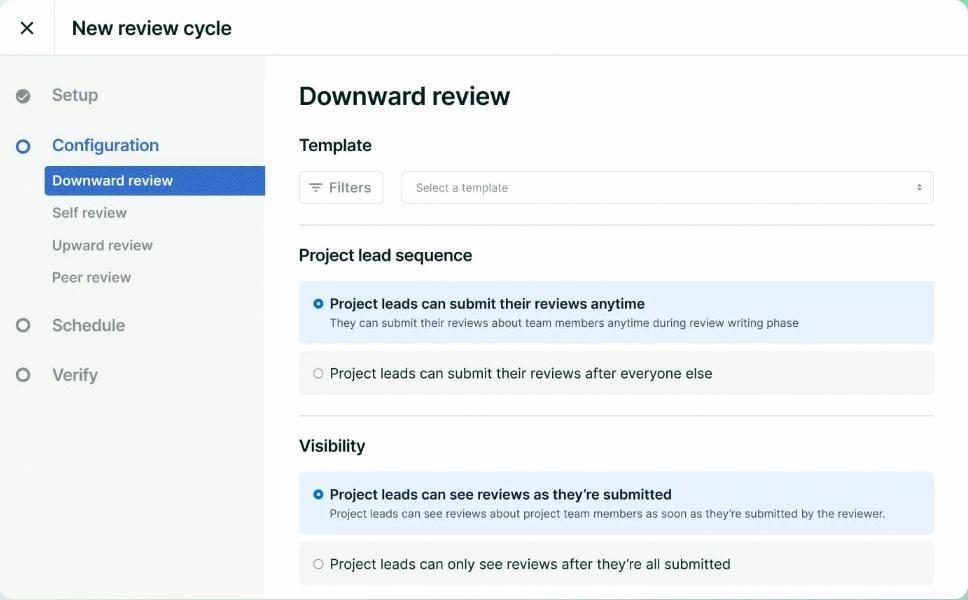 Screenshot of a Lattice interface showing configuration settings for a downward review cycle, including project lead review timing and visibility options.