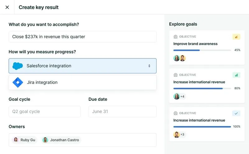 Screenshot of part of the Lattice Goals module showing its "Create key result" function.