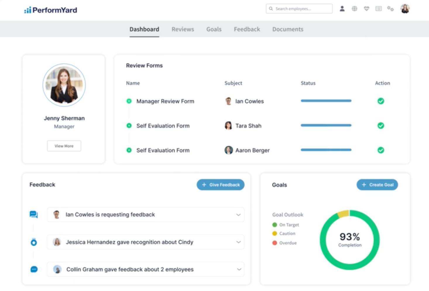 A screenshot of a PerformYard interface showing a dashboard with review form progress, feedback activity, and goal completion status with a visual progress chart at 93%.