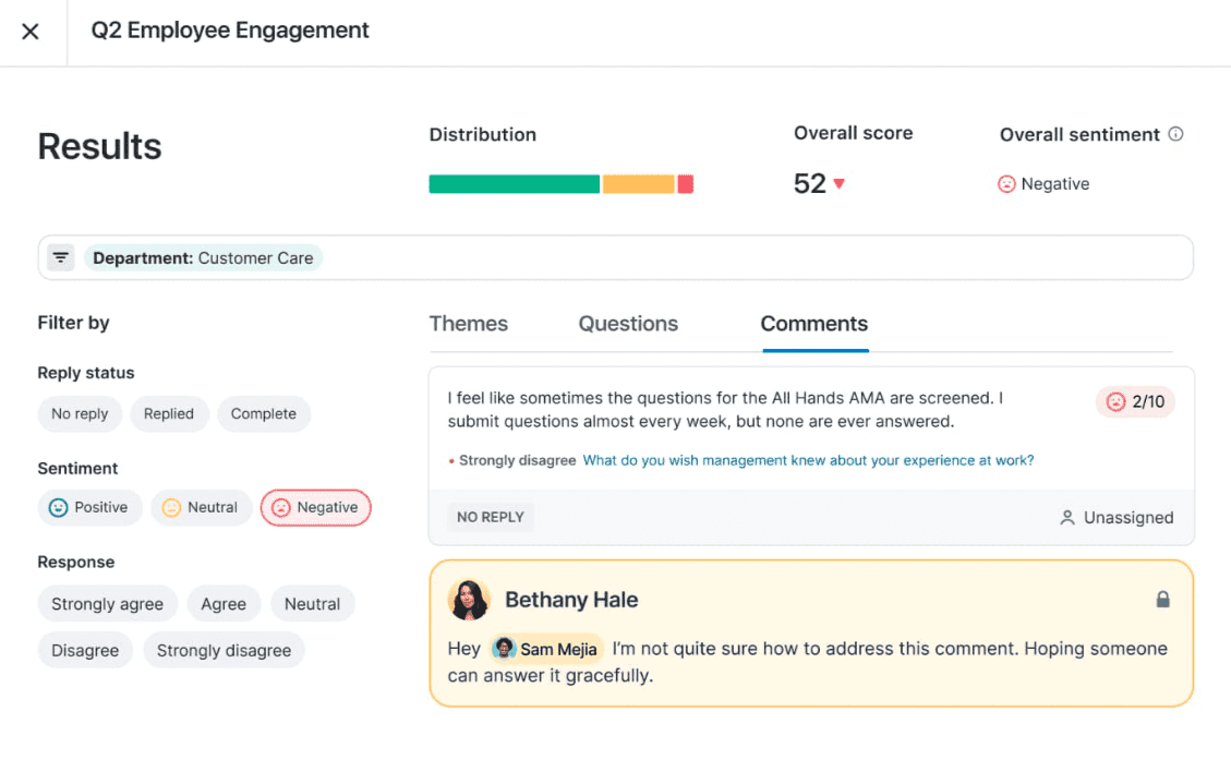 A screenshot showing how employee engagement results appear in Lattice.