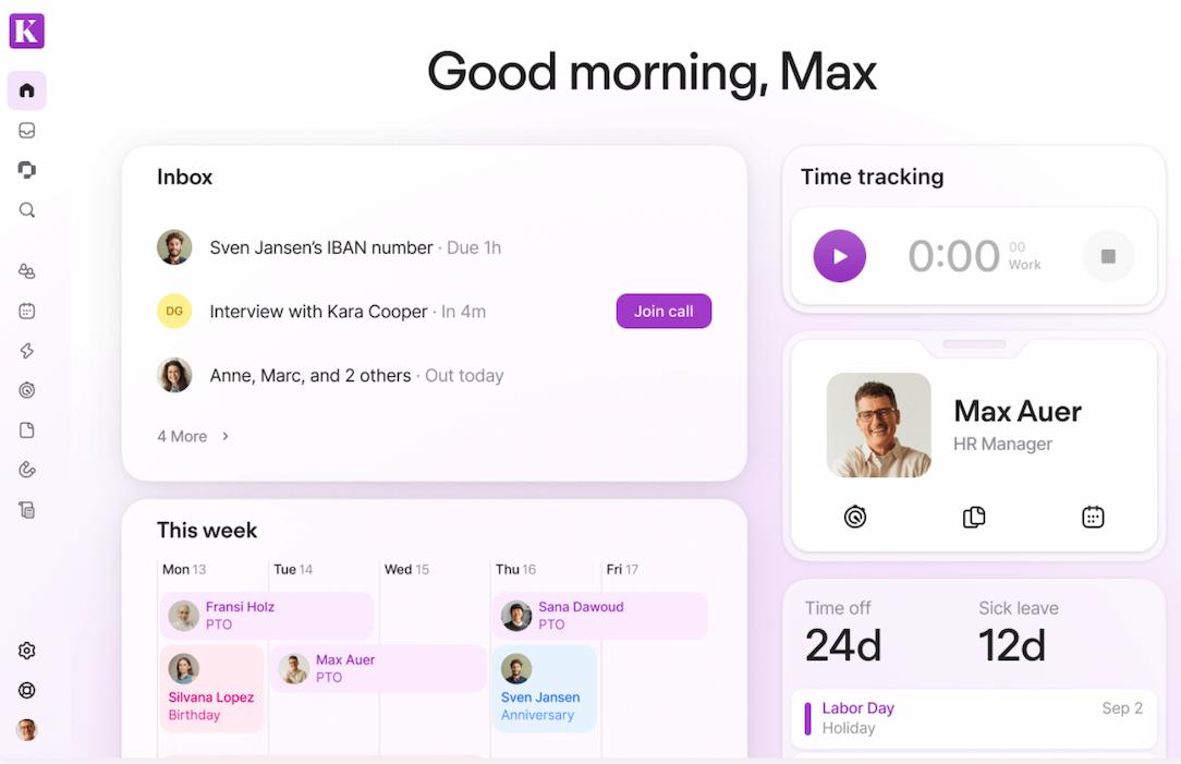 HRIS for small business: A screenshot of a Personio dashboard showing inbox and time tracking.