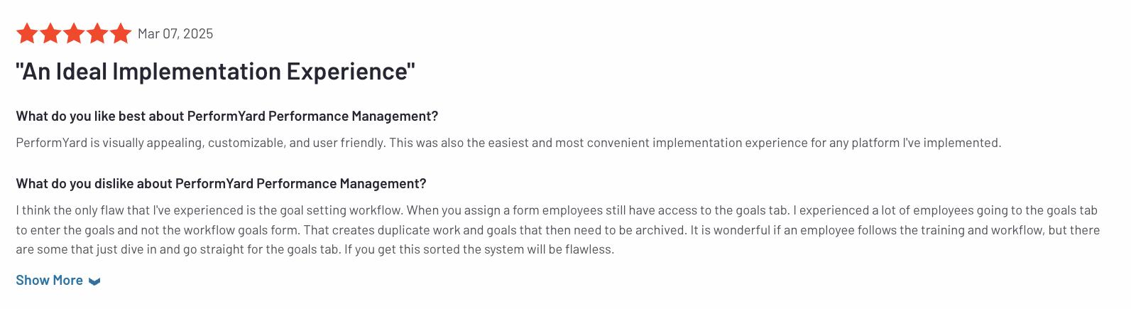 A screenshot of a PerformYard review on G2.