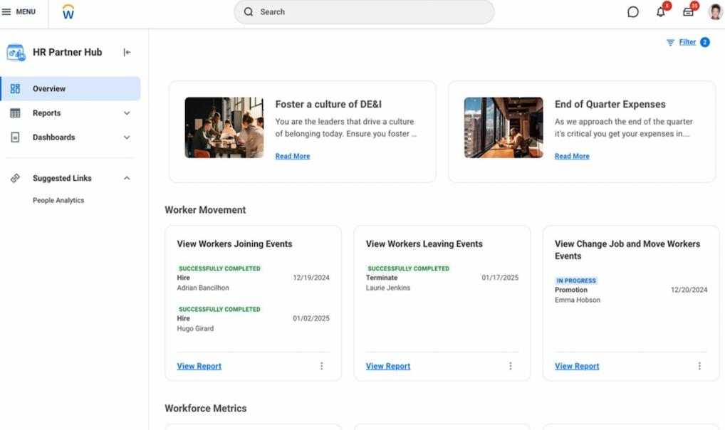 HRIS for small business: Screenshot of Workday hub showing events overview.