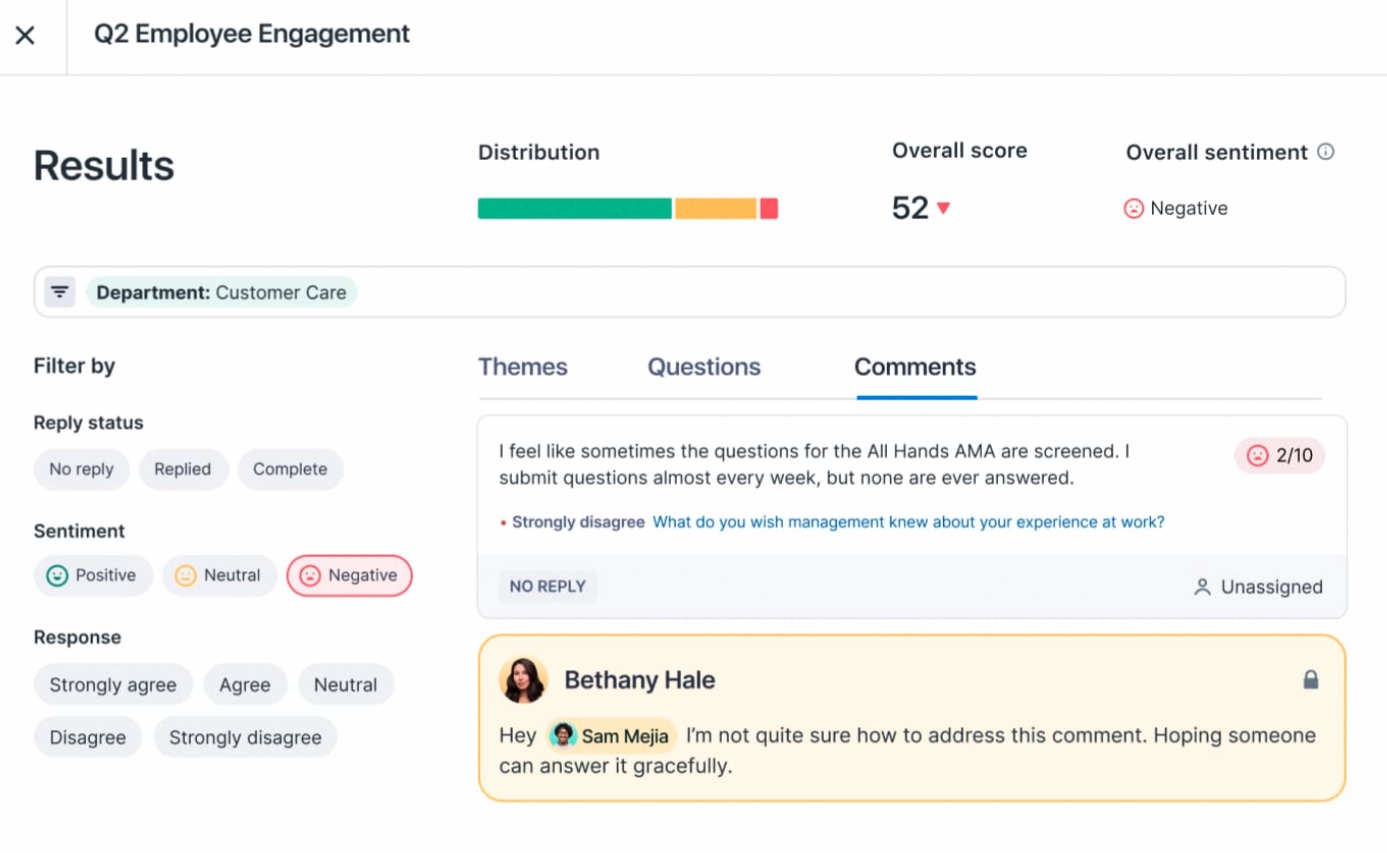 A screenshot showing how employee engagement results appear in Lattice.