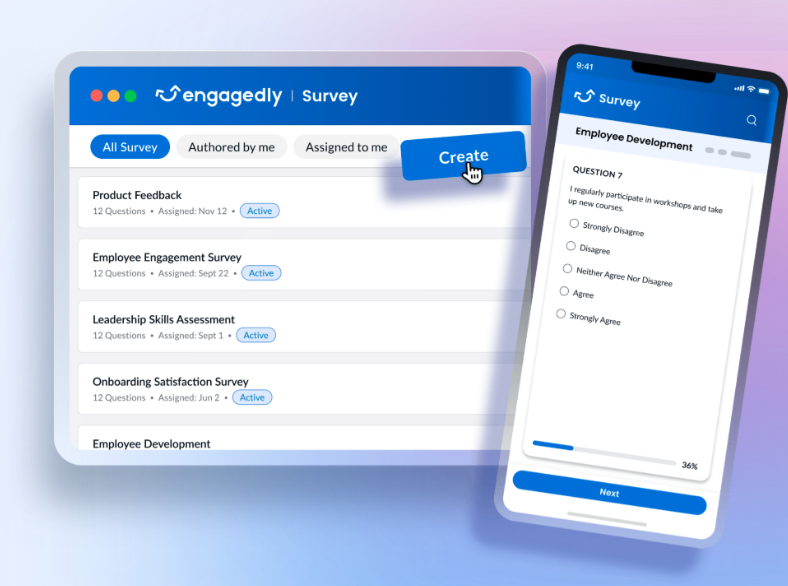 A graphic mockup showing how you can plan Engagedly surveys from one device and have employees answer on their mobile phones.