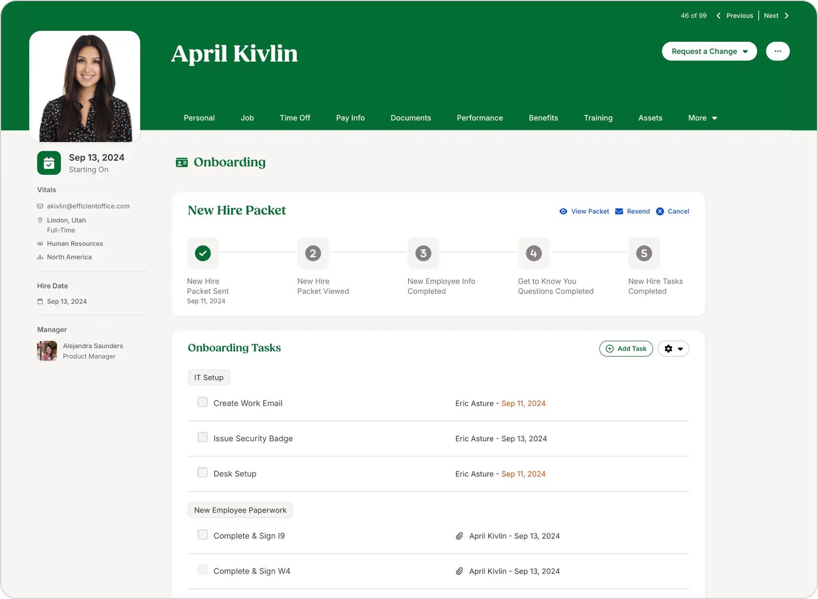 Screenshot of an onboarding dashboard featuring a green and white interface, listing a number of onboarding tasks. 