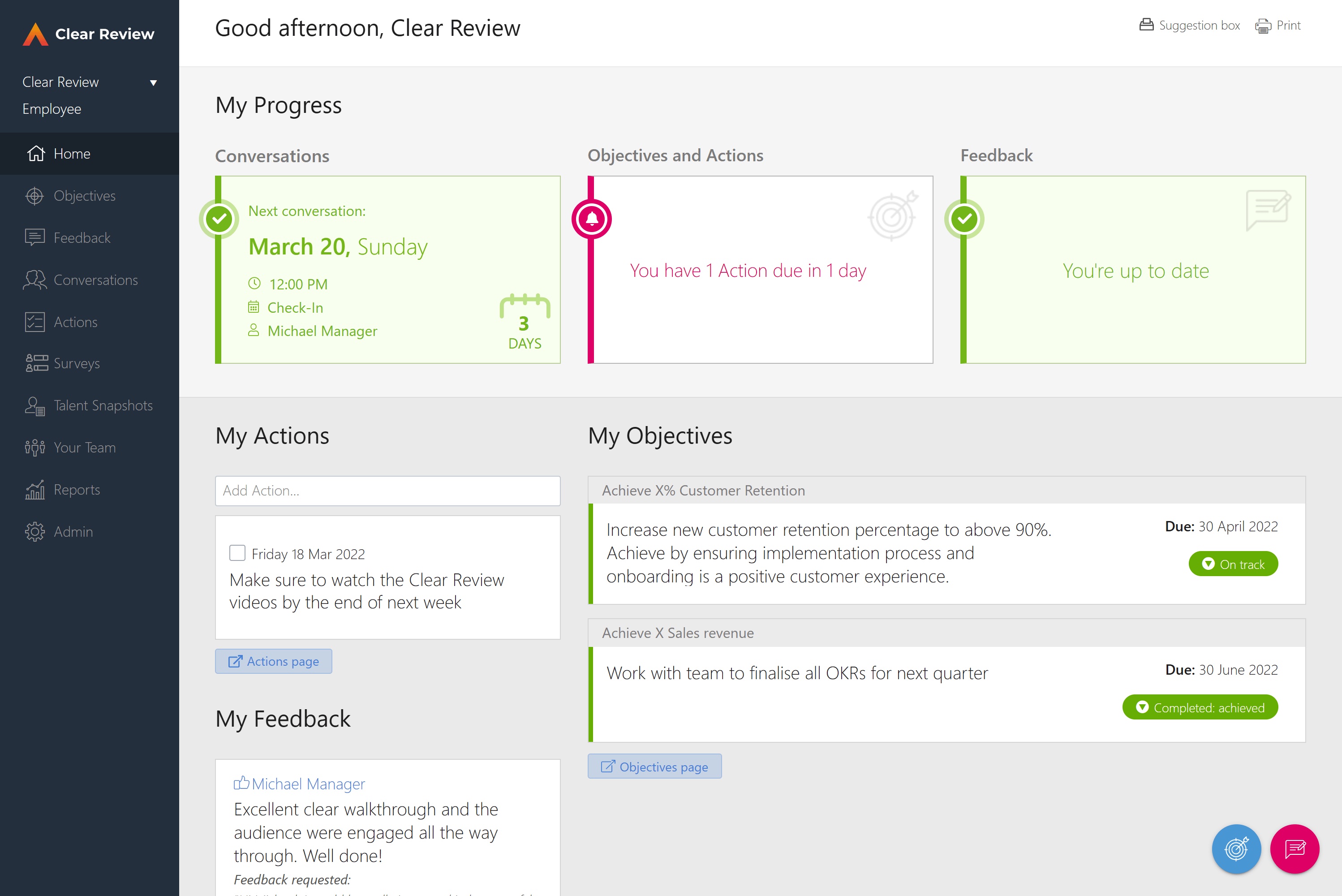 A screenshot of a home dashboard interface within Clear Review.