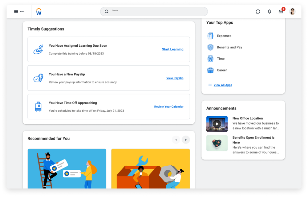 A screenshot of a personalized onboarding dashboard within Workday, including notifications about assigned learning materials and approaching vacation. 