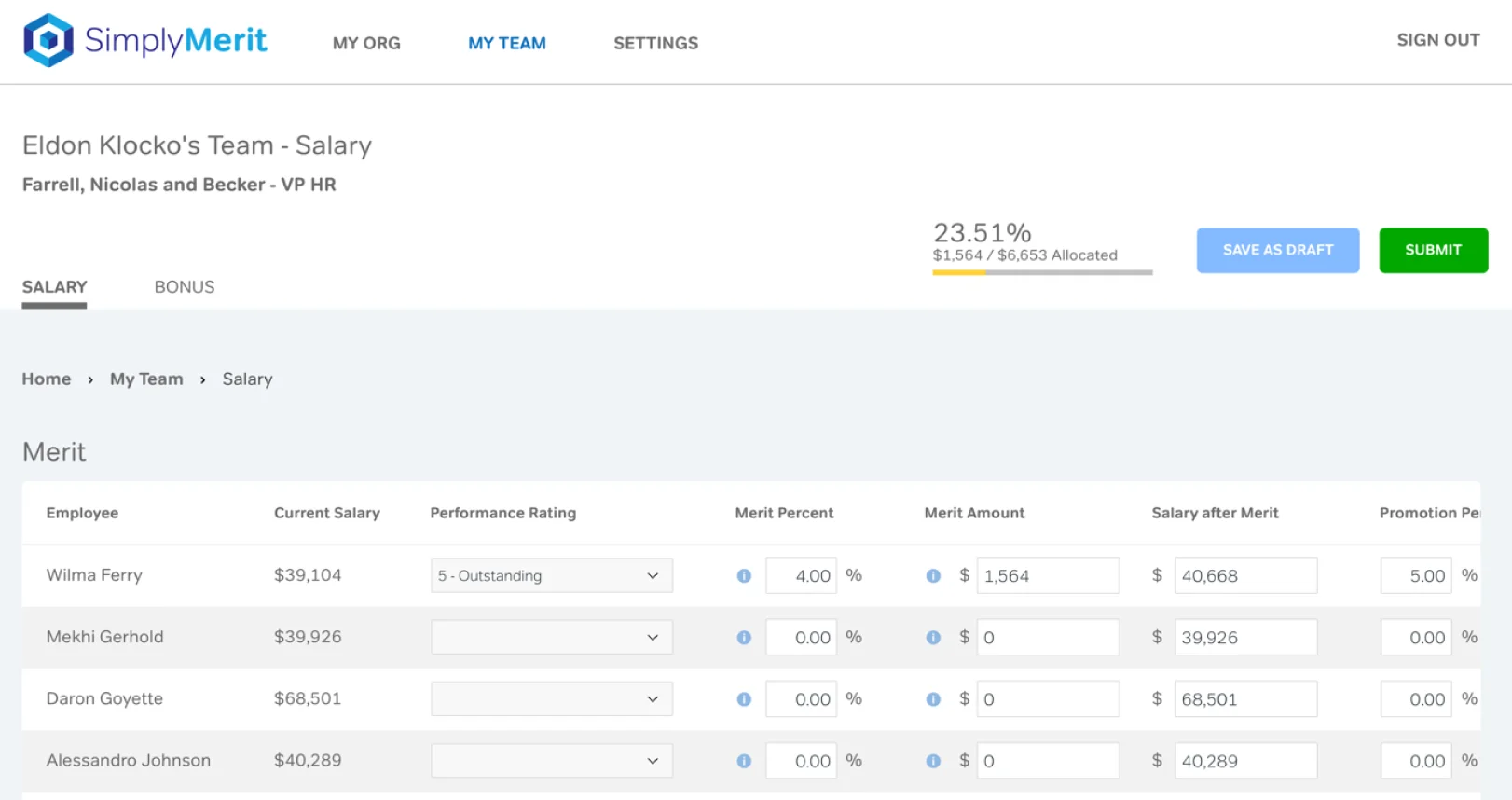 screenshot of the simplyMerit UI