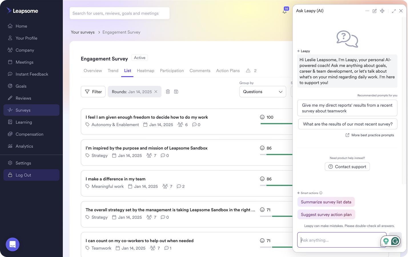 Leapsome engagement survey with AI to see results
