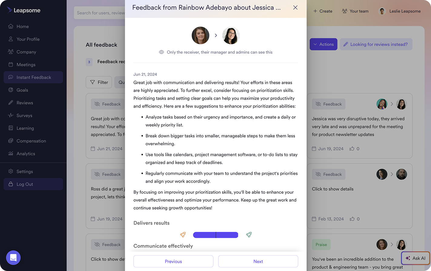 A screenshot of Leapsome’s Instant Feedback module.