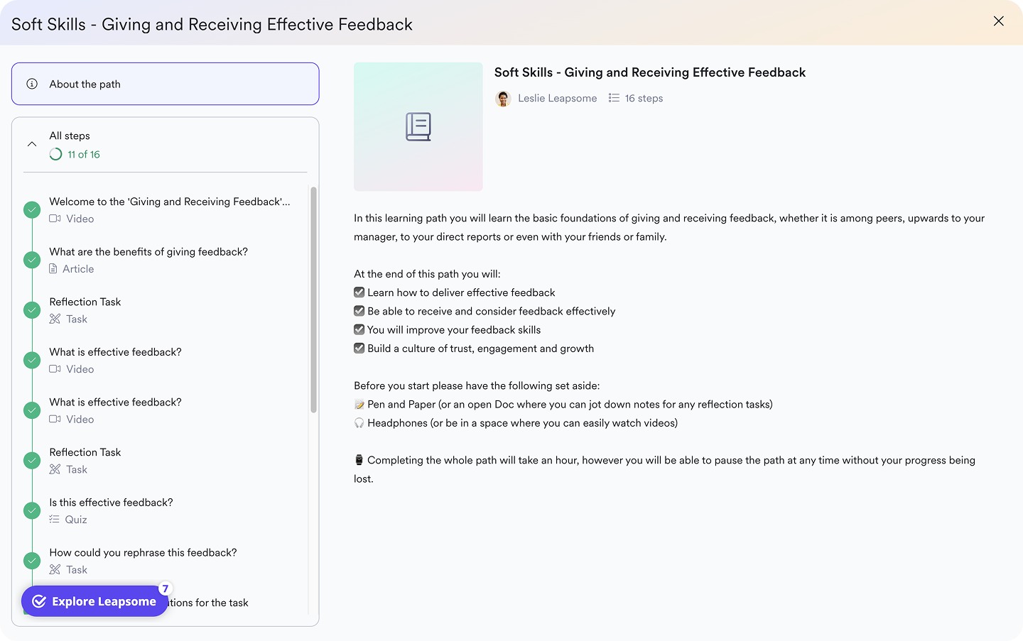A screenshot of a learning path within Leapsome Learning.