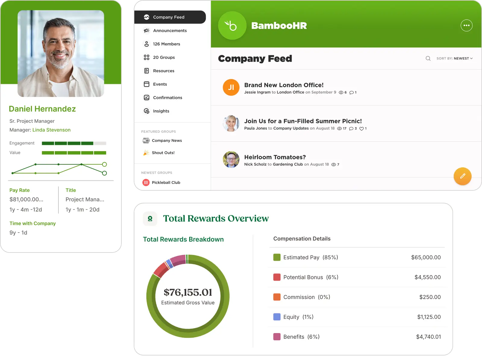 BambooHR HRIS showing company feed and rewards