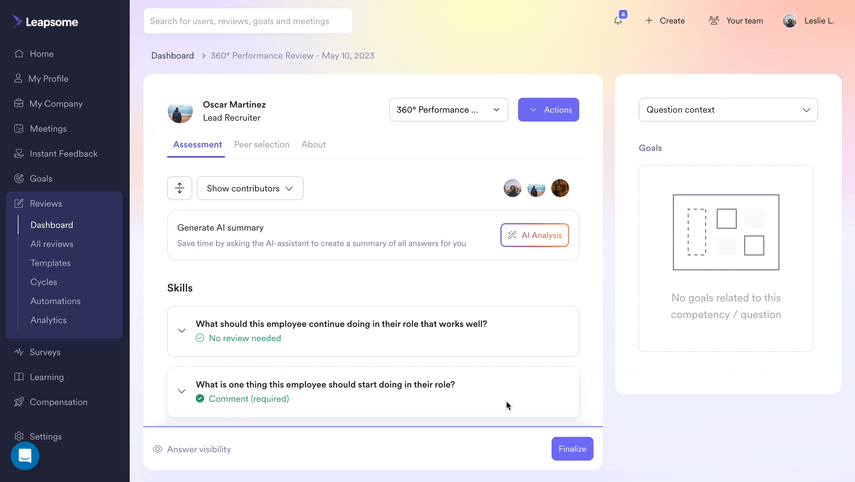 Gif showing how Leapsome AI performance review dashboard showing a 360° review for an employee, with options to generate an AI-powered summary of feedback, view contributor input, and complete skills assessments, displayed alongside goal context and navigation for reviews, goals, meetings, and analytics.
