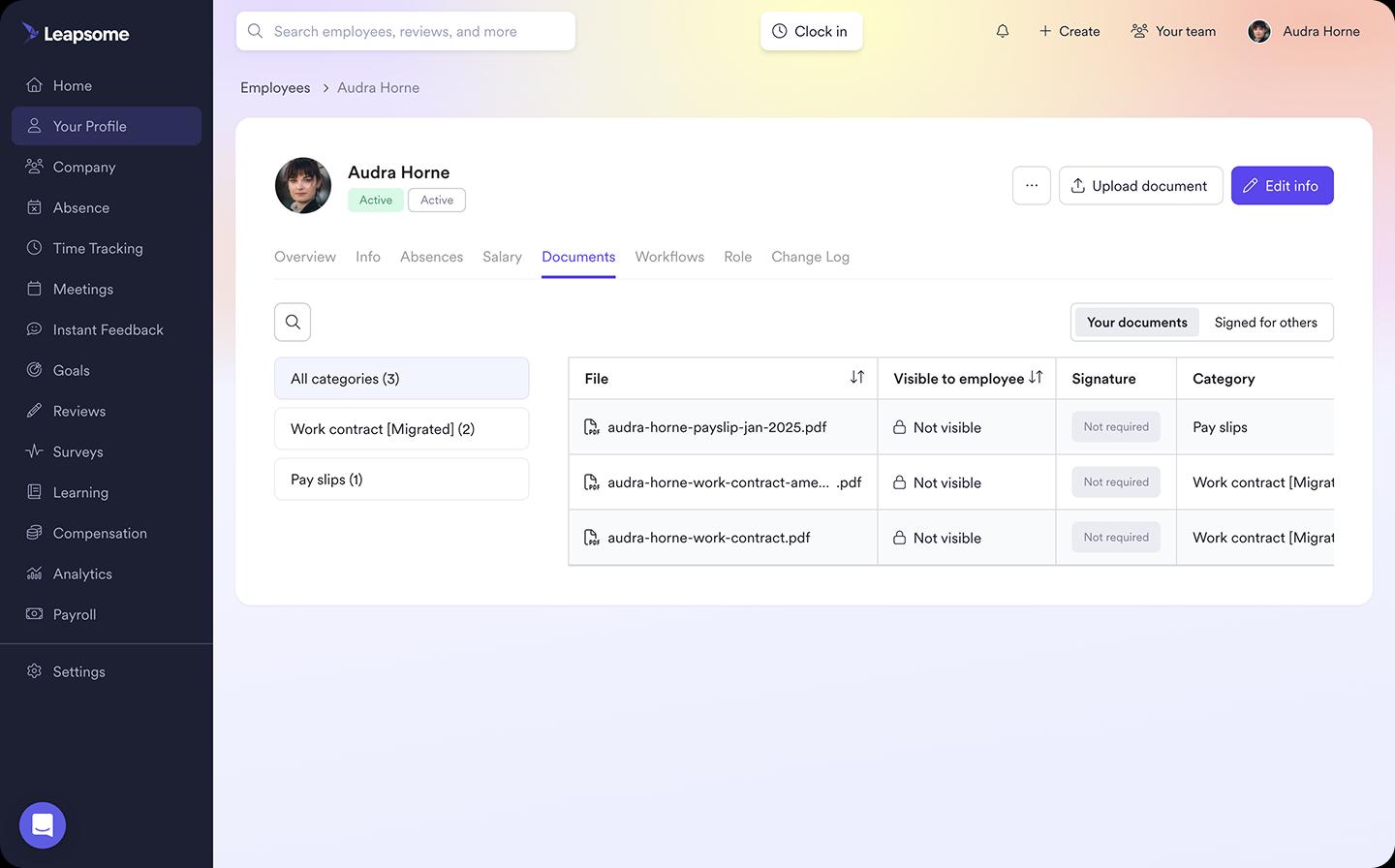 Interface of Leapsome HRIS dashboard