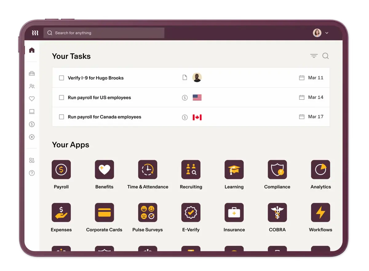 Rippling HRIS showing tasks and apps