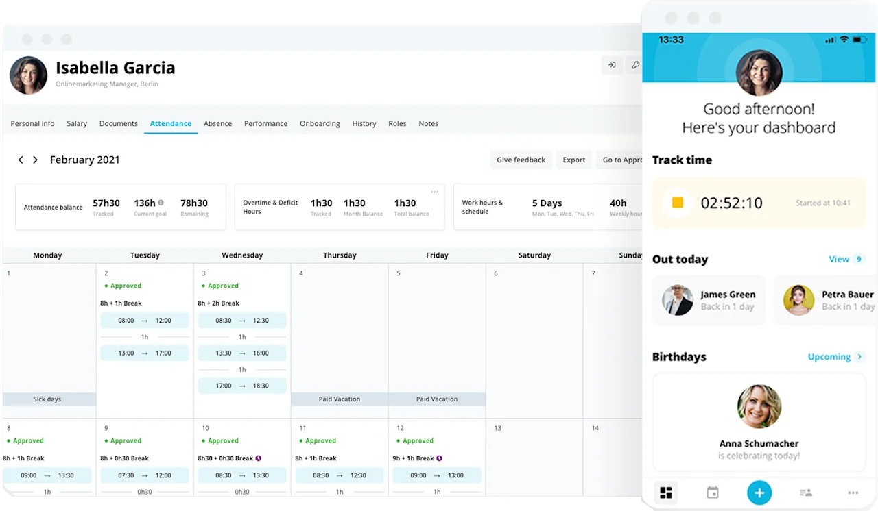 Screenshot of the Personio dashboard displaying an attendance calendar.