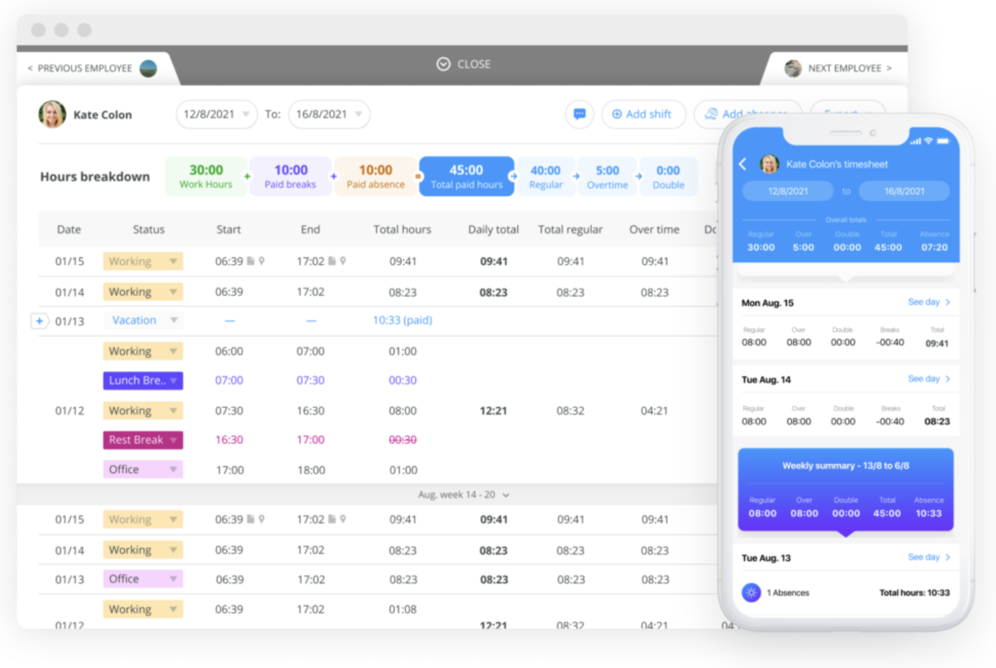 A screenshot of a Connecteam dashboard shows detailed hours breakdown.